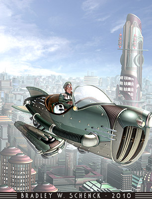 Enlarge: Gwen takes off in her rocket and flies over the city of tomorrow