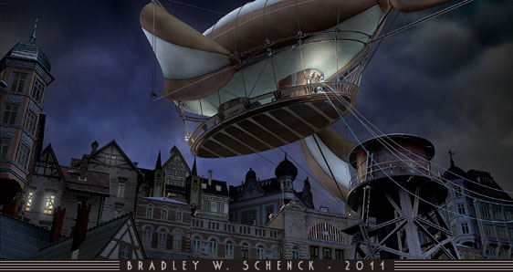Enlarge: Osgood and Noodles sail Osgood's airship over the town